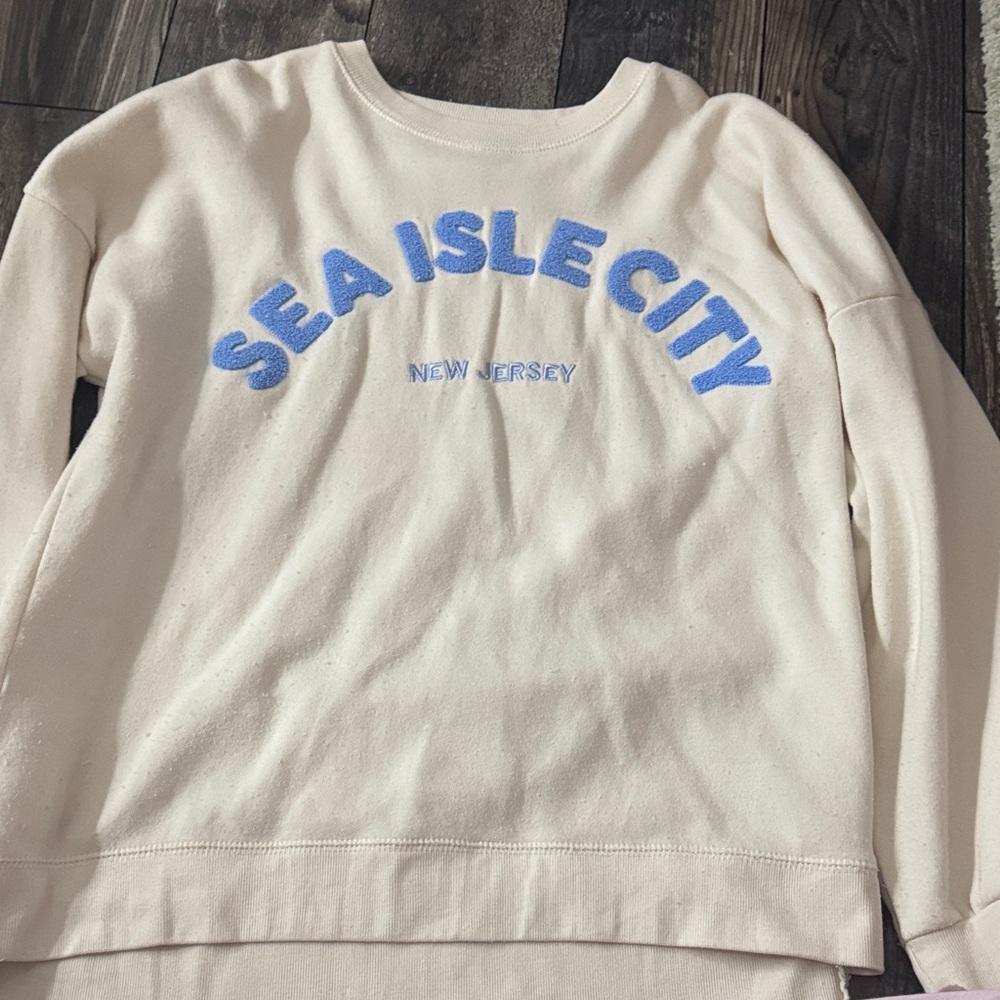 Cream Sweatshirt with Blue Lettering